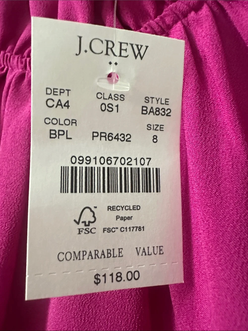 J. Crew Fuchsia Ruffle-Neck Shift Dress